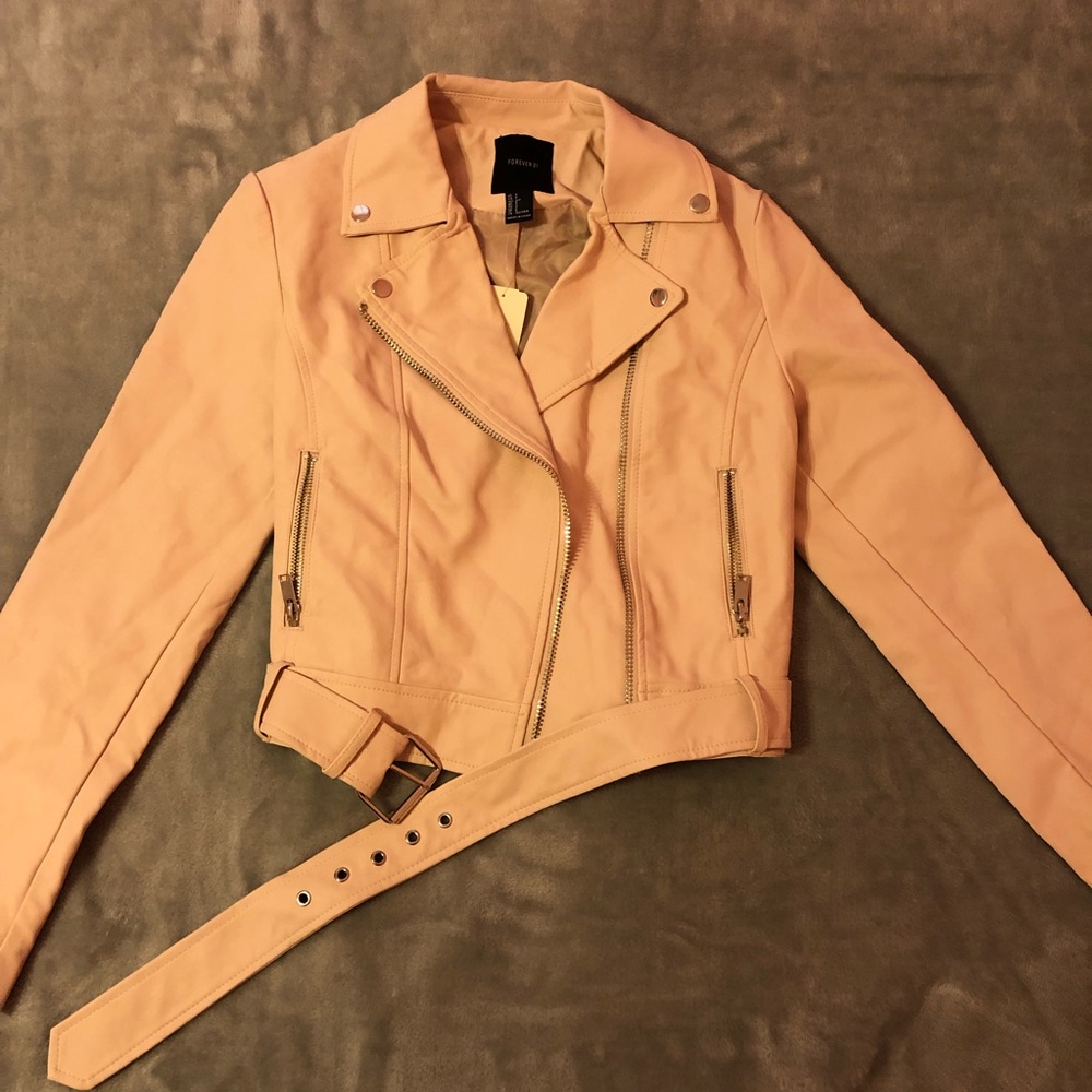 Pink faux leather moto jacket
